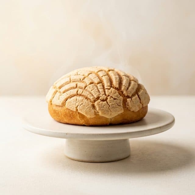Concha de pan dulce artesanal en pedestal recién horneada
